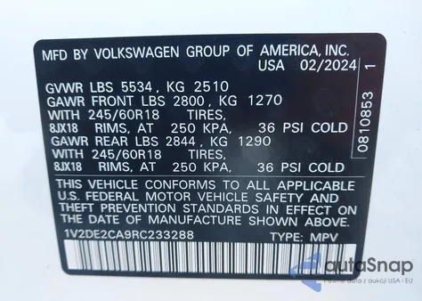2024 Volkswagen Atlas Cross Sport 2.0T Se z USA, uszkodzony, nr VIN 1V2DE2CA9RC233288